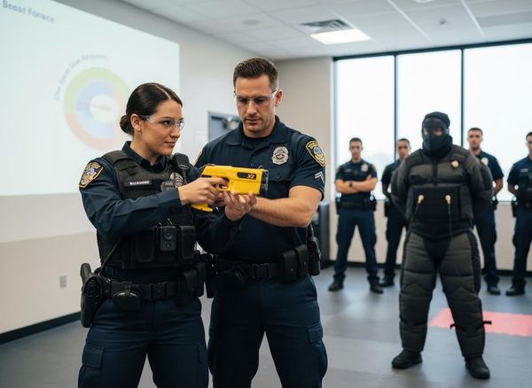 Two officers in uniform and safety glasses train with a yellow Taser X2. Other officers and a person in a padded suit observe. Police Taser X2 Training Session