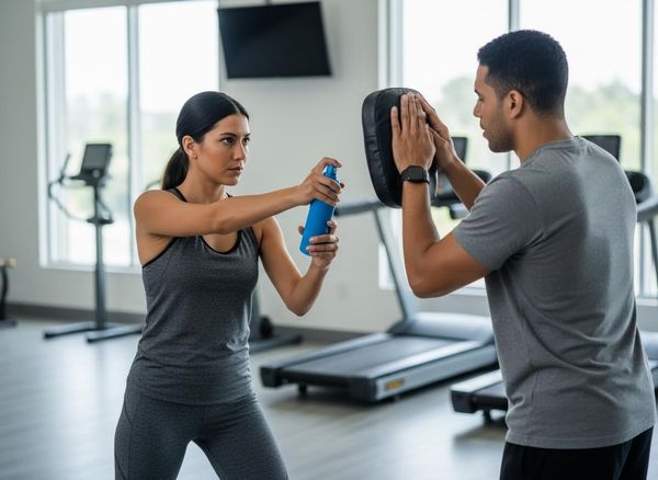 Woman practicing self-defense with a trainer in a gym