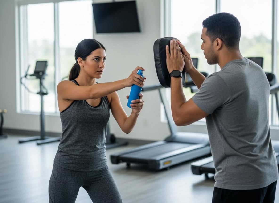 Woman practicing self-defense with a trainer in a gym