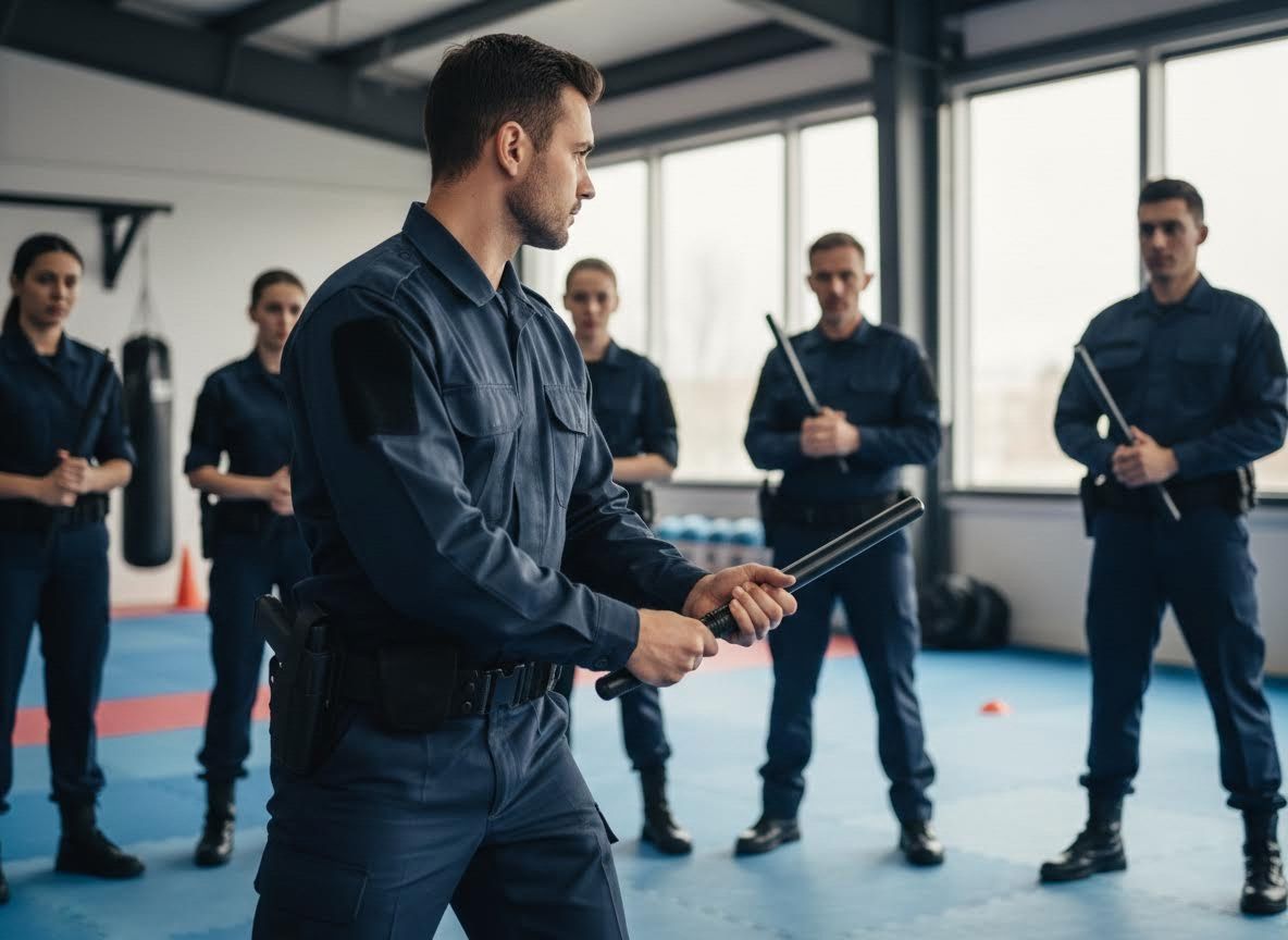Police officers training with batons
