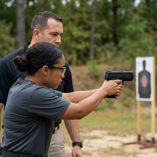 An instructor supervises a student practicing proper grip and aim with a Byrna handheld launcher at an outdoor target range.