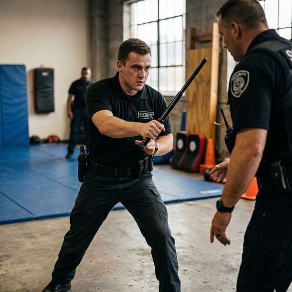 A security officer training with a baton.