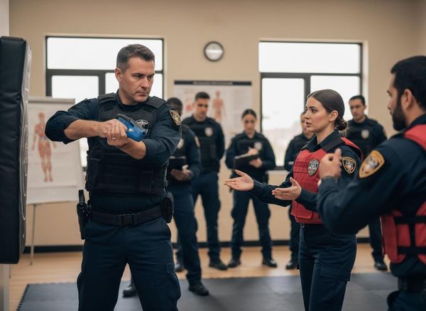 A male officer practices with a blue training weapon while a female officer instructs. Others observe in a law enforcement training facility. Police Officers Engaged in Tactical Training Session