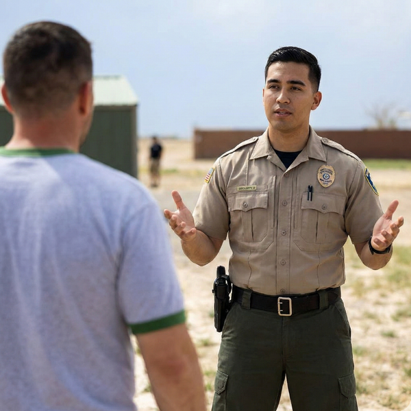 A professional security officer in uniform utilizes de-escalation techniques and verbal commands during a scenario-based training exercise at the Modesto facility.