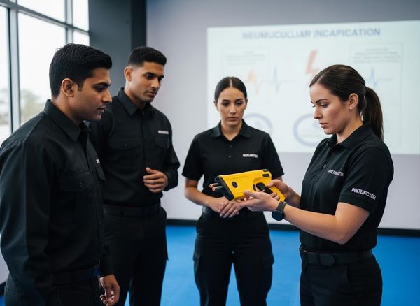 An instructor in a black uniform shows a yellow electronic control device to three trainees. A projection screen behind them shows 'Neuromuscular Incapacitation'. Security Training with Electronic Control Device Demonstration