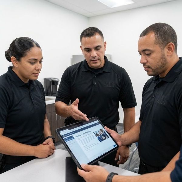 A high-quality photograph captures three professional security officers in a modern break room, collaborating closely while reviewing an interactive 'Advanced Public Relations' training module on a large tablet, demonstrating ongoing education. A high-quality photograph captures three professional security officers in a modern break room, collaborating closely while reviewing an interactive 'Advanced Public Relations' training module on a large tablet, demonstrating ongoing education.