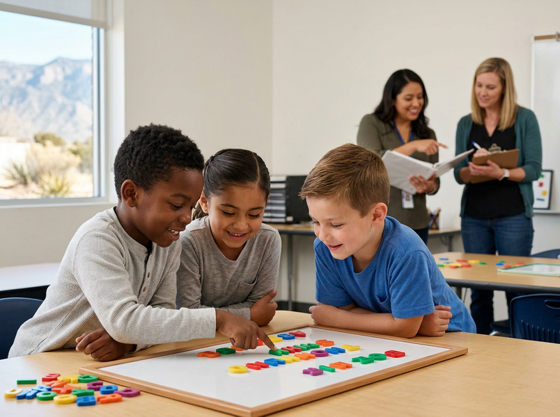 Diverse students engaged with magnetic letters in classroom