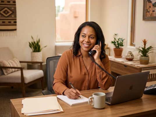 Woman talking on a landline phone and taking notes at her desk