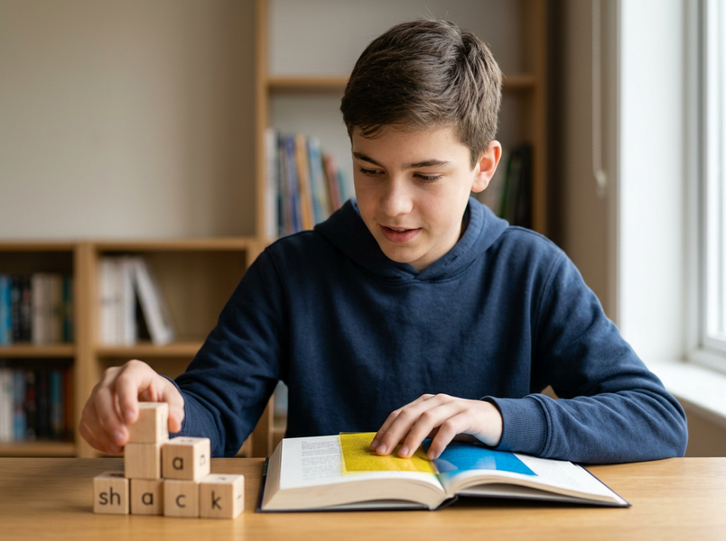 A young boy in a blue hoodie uses wooden letter blocks to spell 'shack' and a reading guide in an open book, practicing reading skills. Teenage Boy Learning Phonics with Letter Blocks and Book