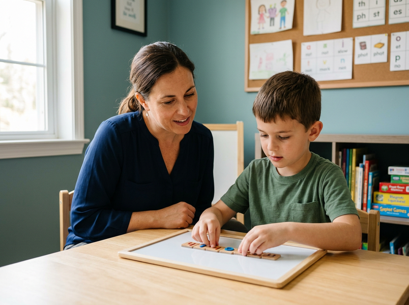 A smiling woman helps a young boy arrange letter tiles on a white board at a wooden table, in a bright room with educational decor. Adult woman teaching young boy with letter tiles