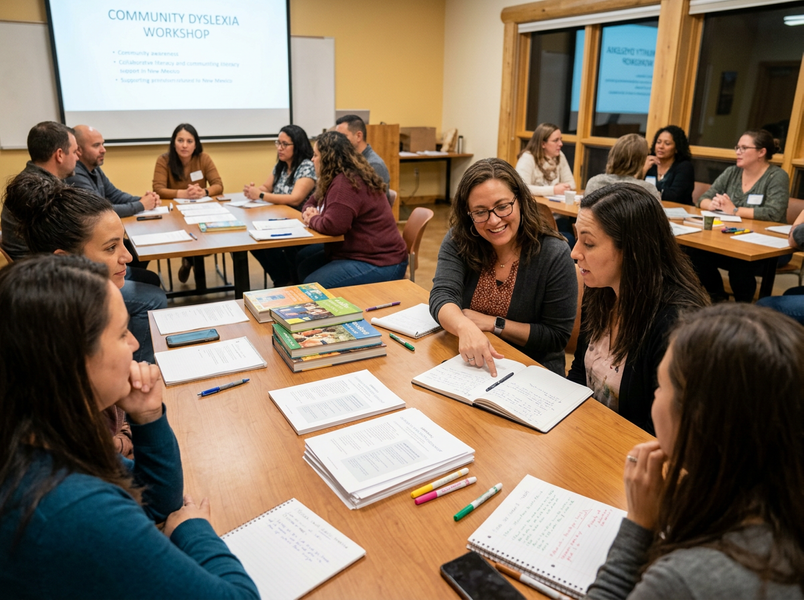 Diverse group of adults attending a community dyslexia workshop, engaged in discussions and taking notes at tables. Community Dyslexia Workshop for Adults