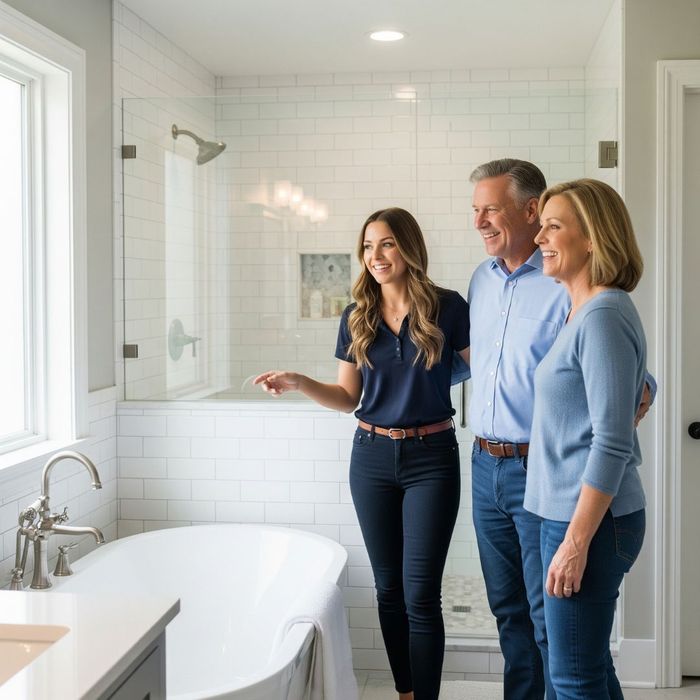 AKB project manager and satisfied homeowners conducting a final walk-through of their newly renovated space. 