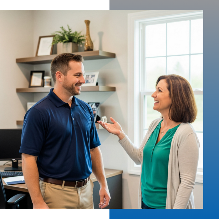 A friendly remodeling contractor from Midlothian, VA, discussing the finished project with a satisfied homeowner in her new office.