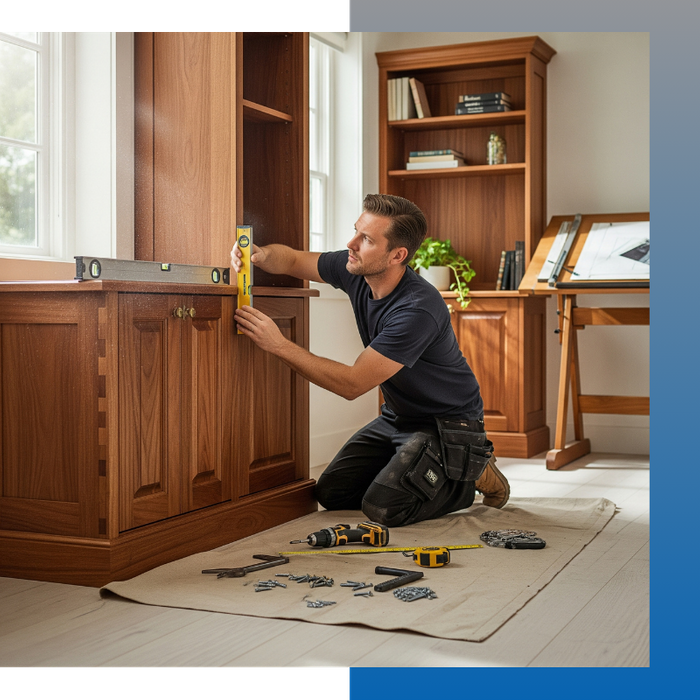 A skilled craftsman carefully installs high-quality wood cabinetry, symbolizing quality construction and craftsmanship.