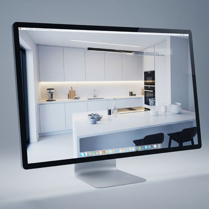 Detailed 3D rendering of a custom kitchen design plan by AKB Kitchen, Bath & More. 