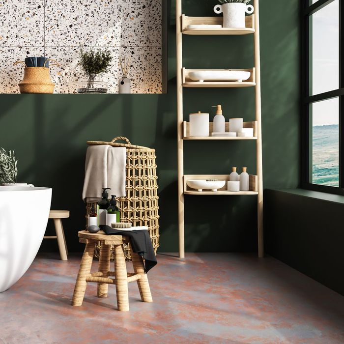 modern bathroom with wooden shelving