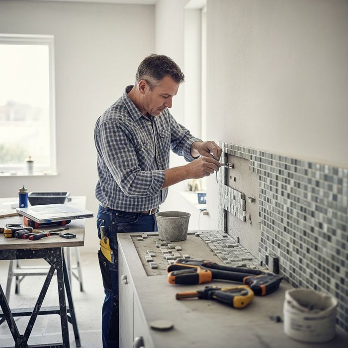 Skilled AKB craftsman carefully installing new cabinetry during a home renovation. 