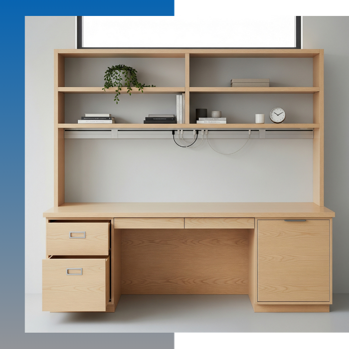 A close-up of custom-built home office shelving with integrated technology and smart, hidden cable management solutions.