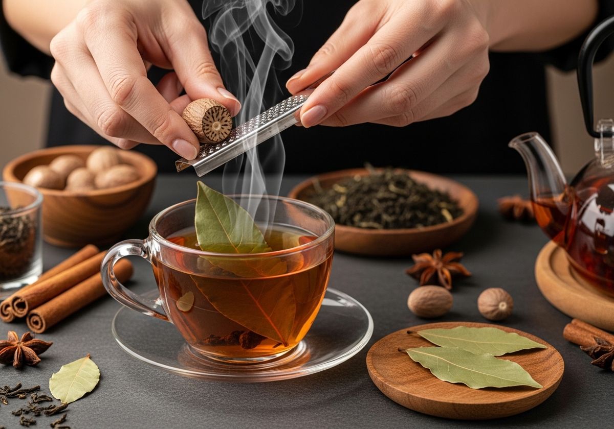 Nutmeg being grated into a cup of tea
