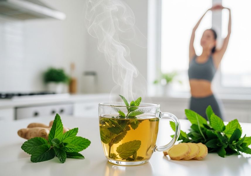 Ginger and Mint Tea with Woman Stretching