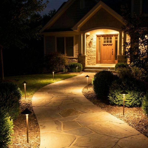 A winding flagstone pathway leading to a front door, lit by low-voltage path lights
