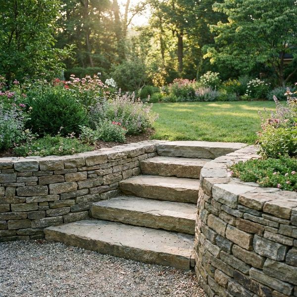 Wide stone steps integrated into a curved retaining wall, leading from a patio to a garden