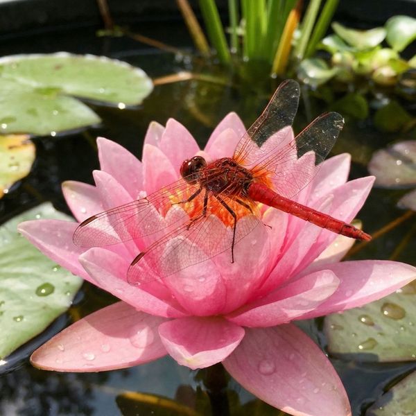 A vibrant photograph of a colorful dragonfly perched on a water lily in a pond.