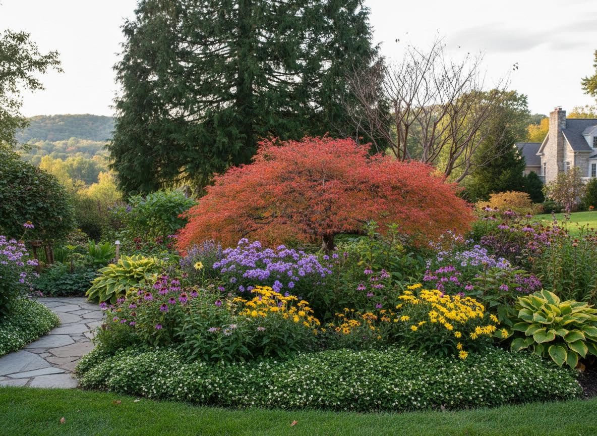 Autumn Garden Landscape with Red Maple