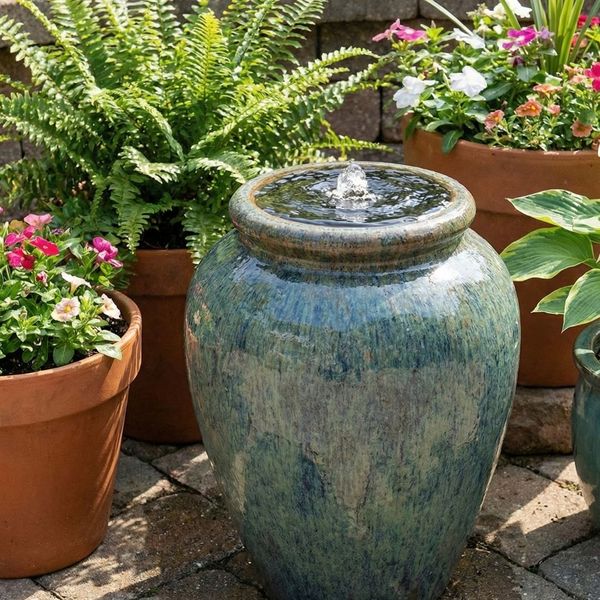 a small, modern bubbling urn water feature on a patio