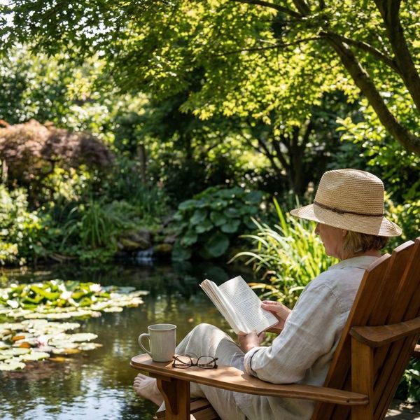 A person relaxing in a comfortable chair by a pond, reading a book