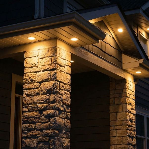 Close-up view of spotlights illuminating textured stone veneer on a house exterior at night.