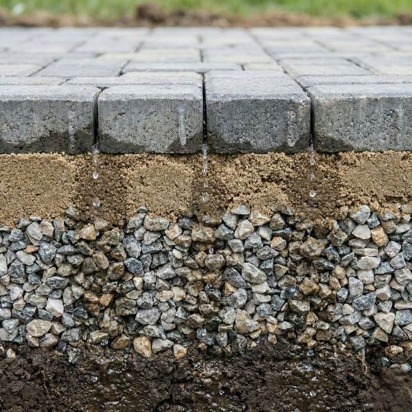 Cross-section diagram showing how water filters through pavers into a crushed landscape rock base to prevent pooling.