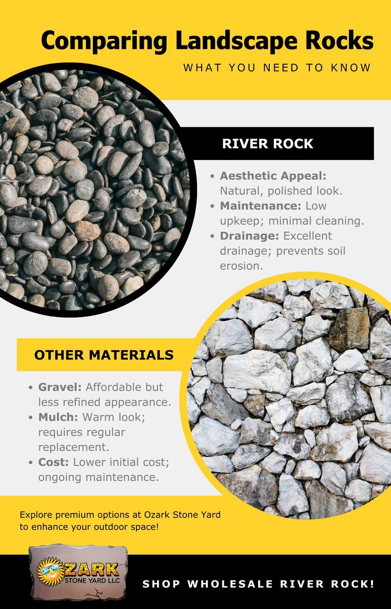 Infographic titled Comparing Landscape Rocks: River Rock vs. Other Materials