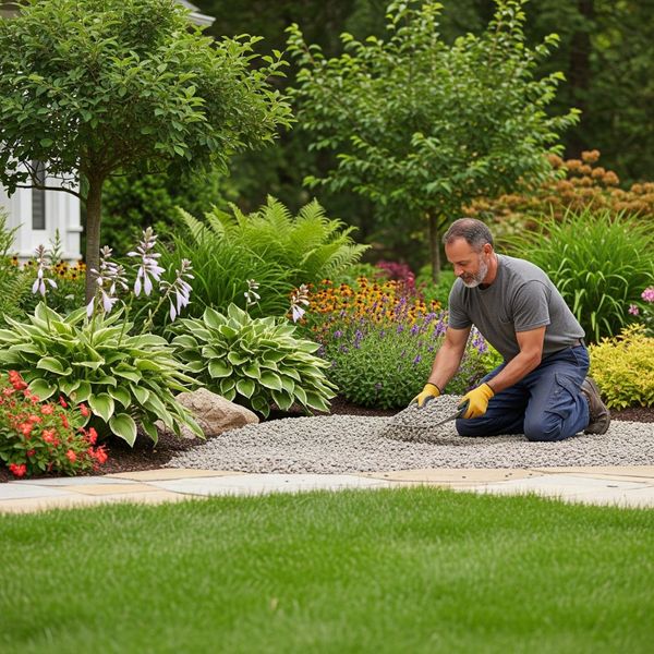 Landscaper spreading pea gravel in a residential garden. Landscaper spreading pea gravel in a residential garden.