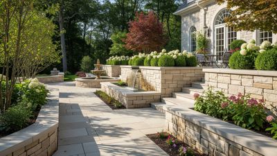 A beautifully landscaped outdoor space featuring limestone pathways and retaining walls.