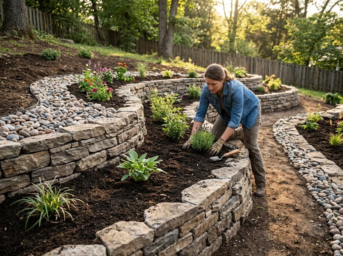 Woman planting in a terraced garden