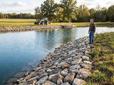 Man by a rural pond with tractor