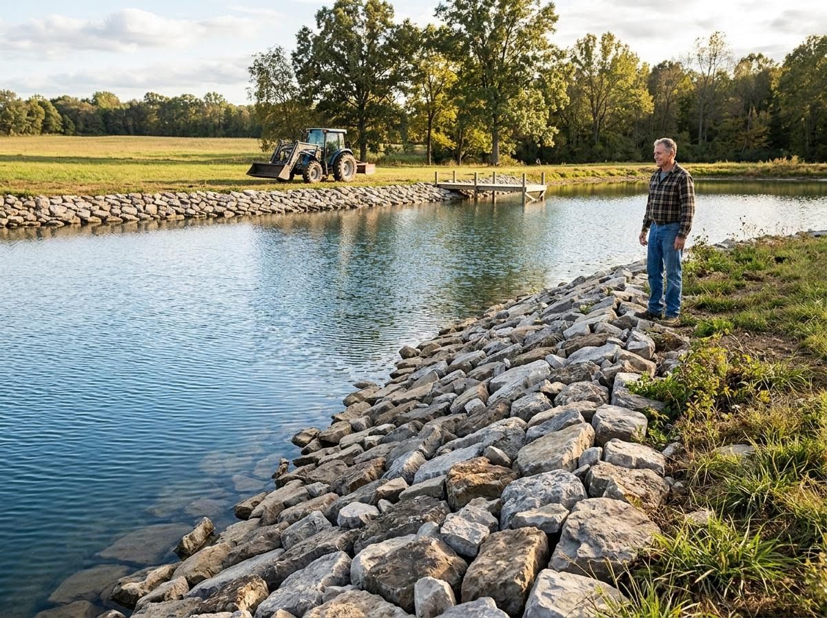 Man by a rural pond with tractor