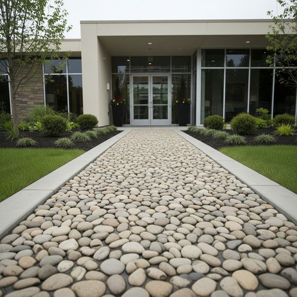 A commercial property's entrance featuring a natural river rock pathway winding through landscaped areas. A commercial property's entrance featuring a natural river rock pathway winding through landscaped areas.