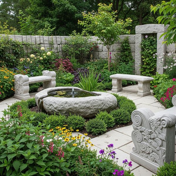 A diverse garden showcasing various uses of limestone, including a water feature.