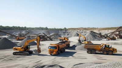 Wide shot of a gravel quarry with heavy machinery, illustrating the beginning of a gravel supply chain.