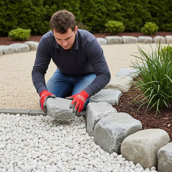 man installing rock border near river rocks man installing rock border near river rocks