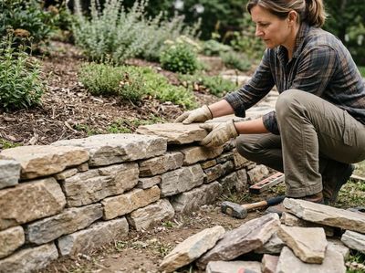 Woman Building Stone Retaining Wall in Garden