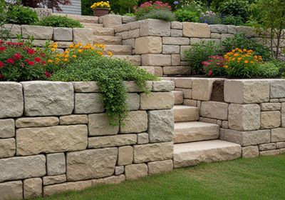 Stone Retaining Wall with Steps and Flowers