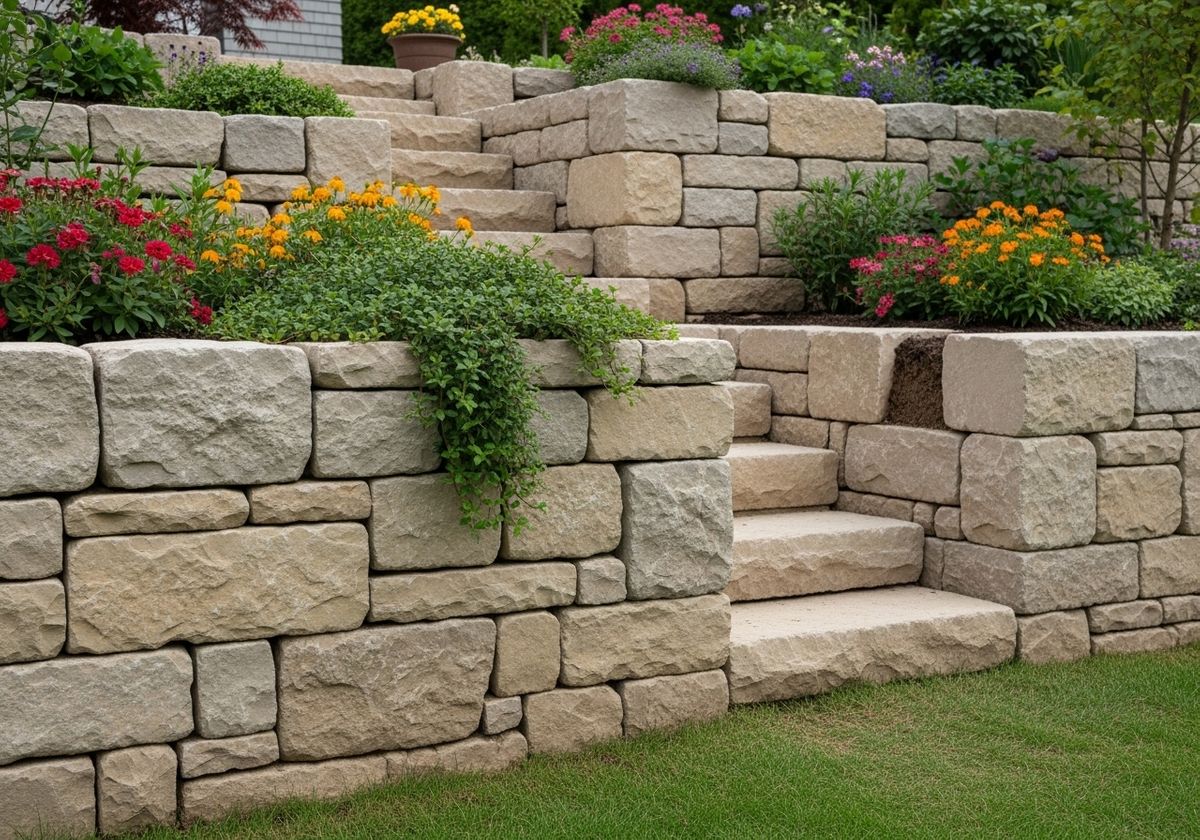 Stone Retaining Wall with Steps and Flowers