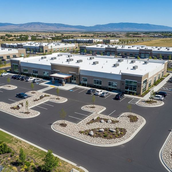 An aerial view showing a large commercial property's landscape, featuring clear boundaries and planting areas defined by river rock borders. An aerial view showing a large commercial property's landscape, featuring clear boundaries and planting areas defined by river rock borders.