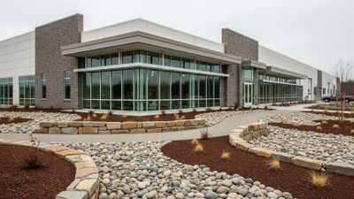 A modern commercial building featuring a sophisticated landscape design with extensive use of river rock in paths and garden beds.