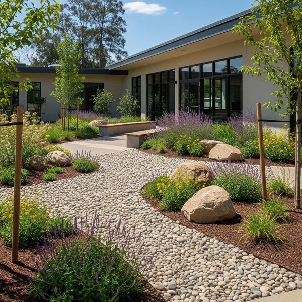 A modern commercial landscape design featuring river rock ground cover and native plants for a sustainable and low-maintenance approach. A modern commercial landscape design featuring river rock ground cover and native plants for a sustainable and low-maintenance approach.