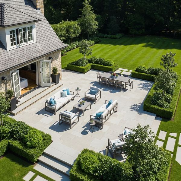 An aerial view of a meticulously designed backyard featuring a large limestone patio.
