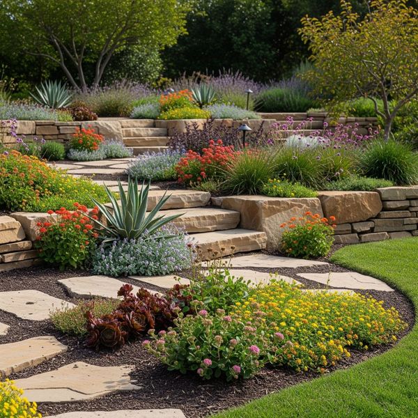 A professional stock image of a resilient garden with natural stone elements. A professional stock image of a resilient garden with natural stone elements.